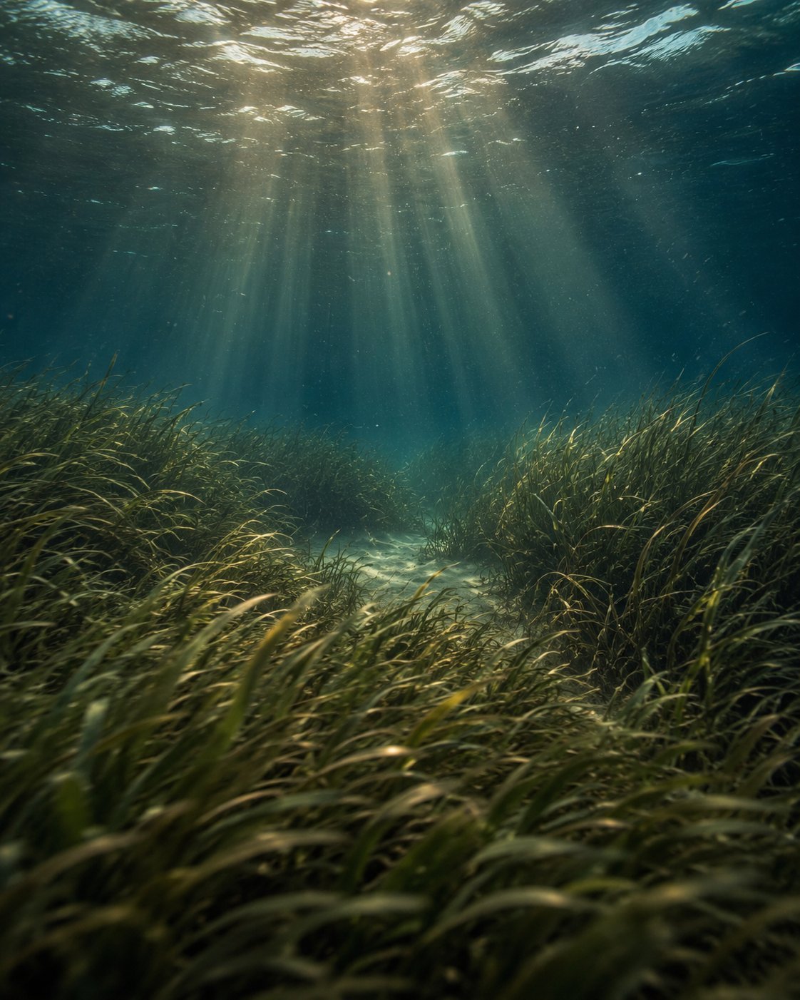 Sunlight streaming through a Posidonia oceanica seagrass meadow in the Mediterranean