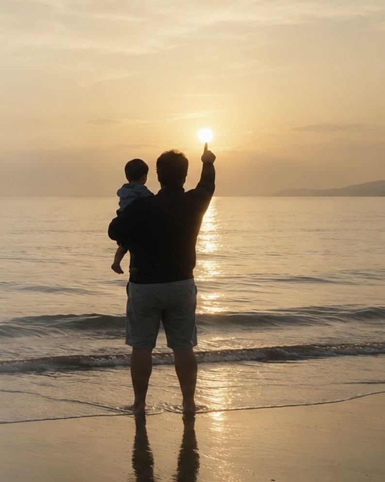 A father holding his child by the sea at sunrise