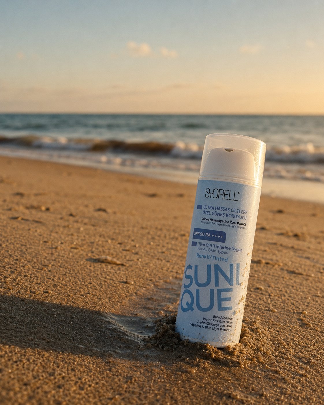 Sunique PMLE Tinted SPF 50 sunscreen bottle on golden hour beach sand