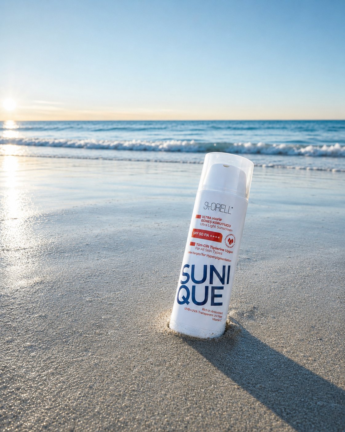 Sunique Spot Defence Ultra Light SPF 50 sunscreen bottle on damp sand at sunrise with long shadow