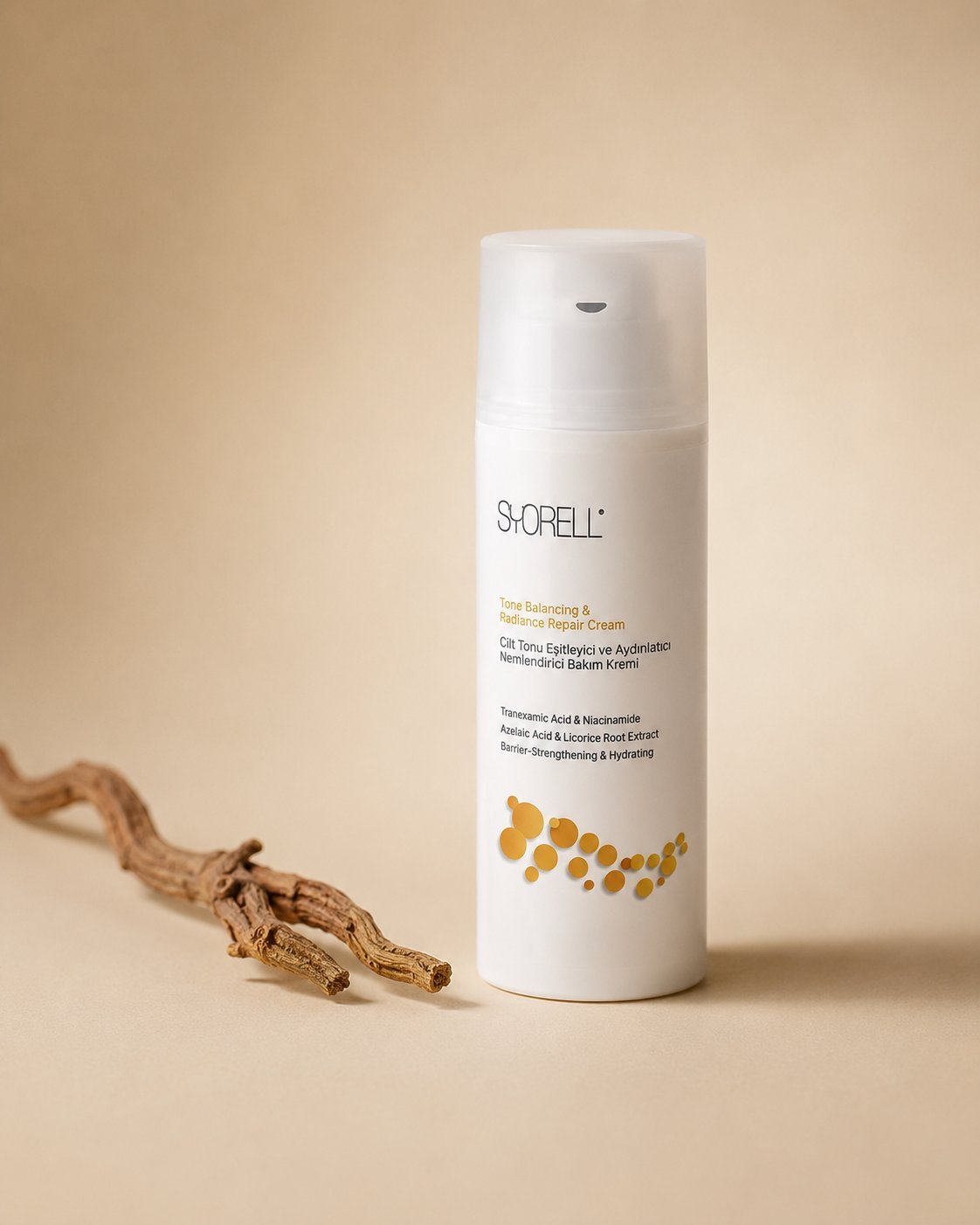 Syorell Tone and Radiance Cream on cream backdrop with dried licorice root botanical reference