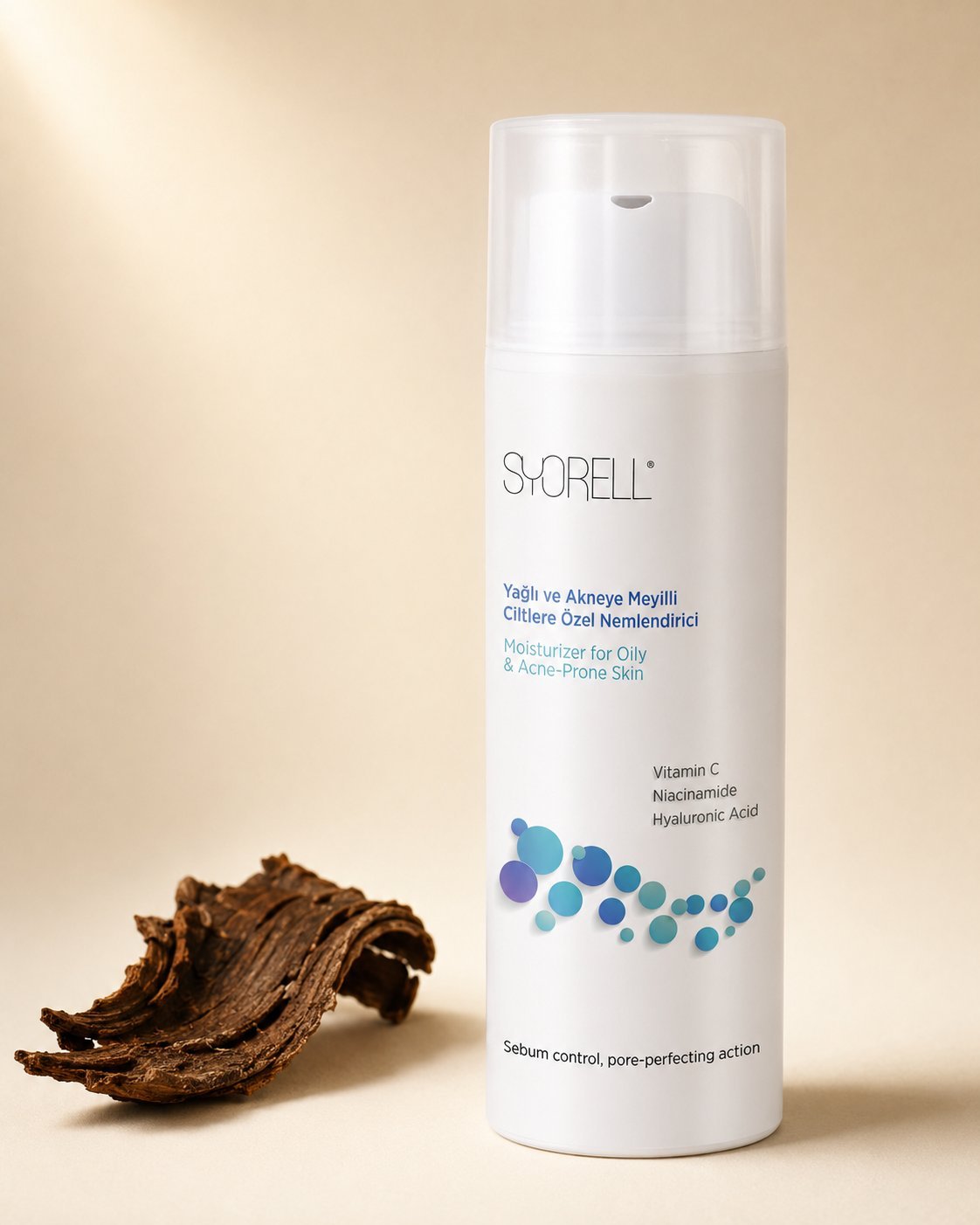 Syorell Daily Balance Cream on cream backdrop with dried Enantia Chlorantha bark botanical reference