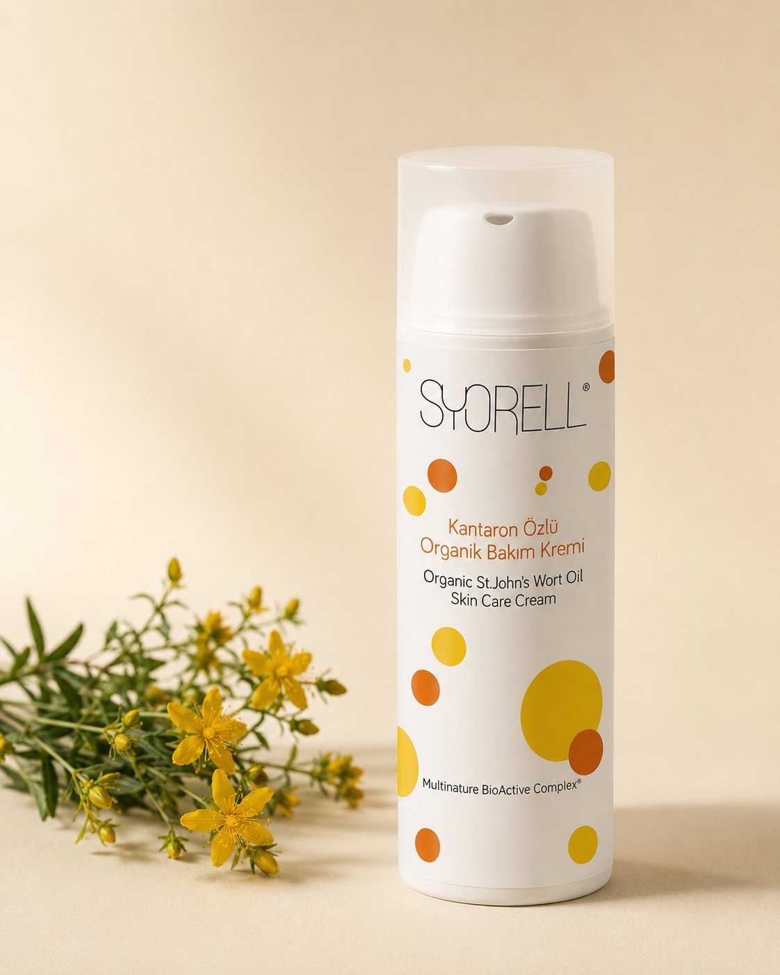 Syorell St. John\'s Wort Cream on cream backdrop with fresh Hypericum Perforatum flowers