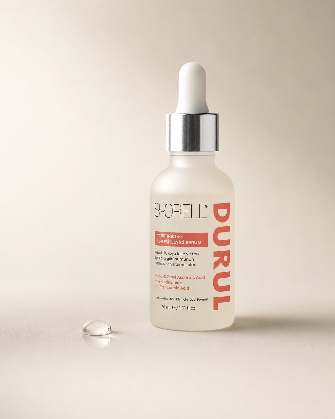 Syorell Durul Brightening and Soothing Serum on cream backdrop with single serum droplet