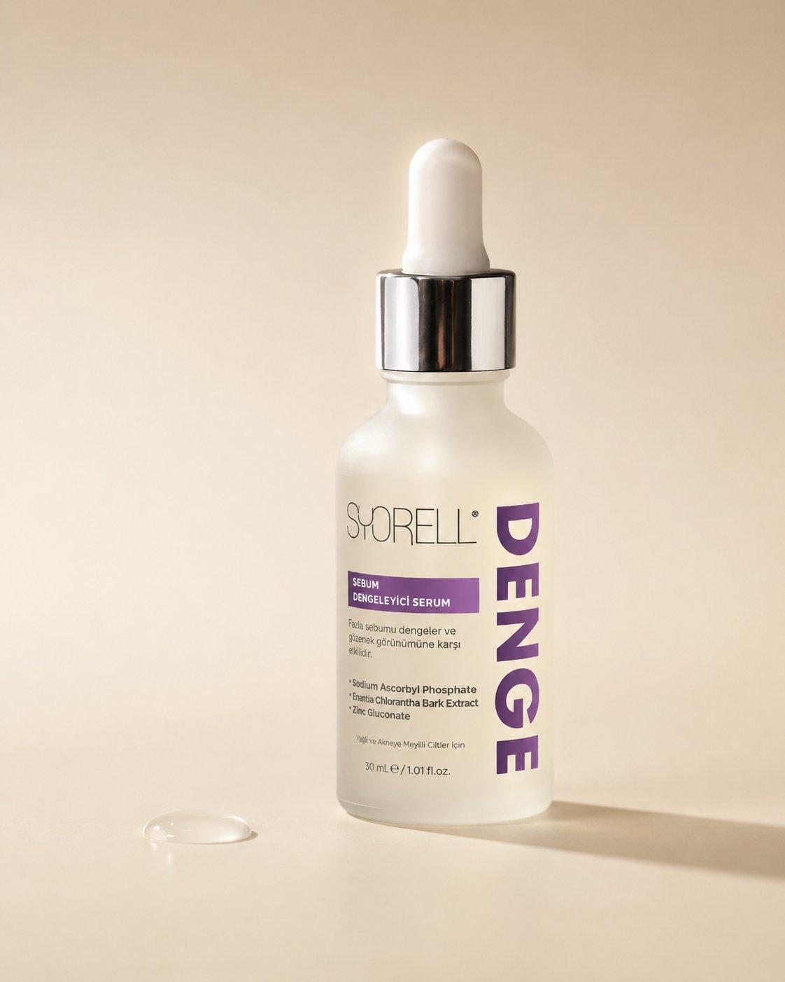 Syorell Denge Sebum Balancing Serum on cream backdrop with single serum droplet
