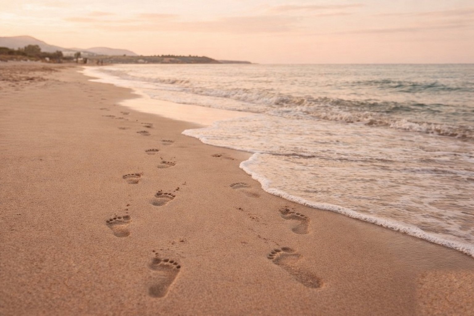 Footprints in wet sand at sunset, with gentle waves approaching