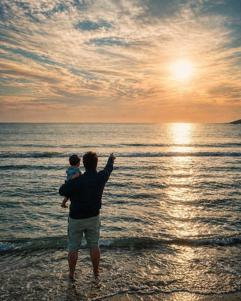A father holding his child by the sea at sunrise